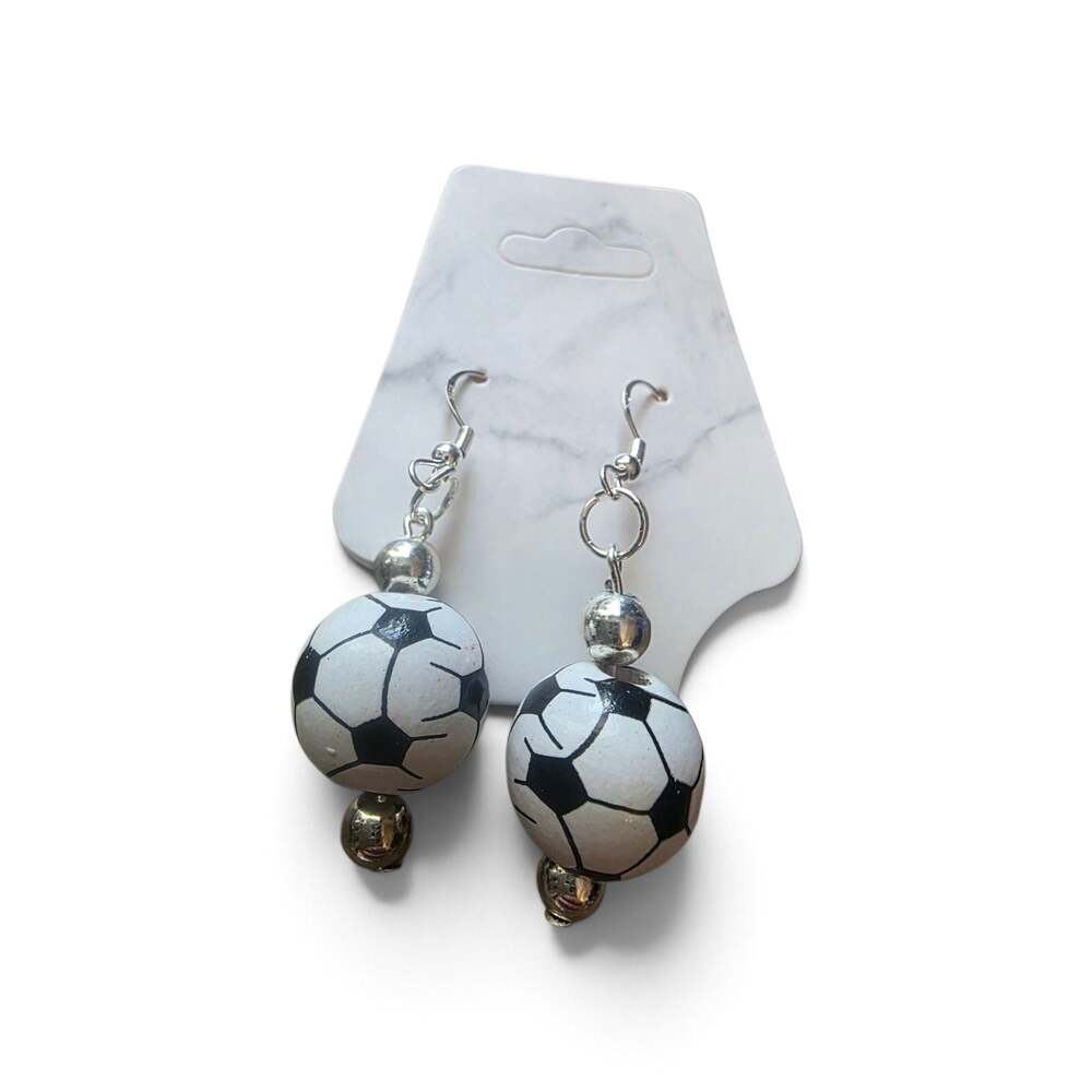 Handmade Soccer Ball Bead Dangle Earrings with Silver Accents